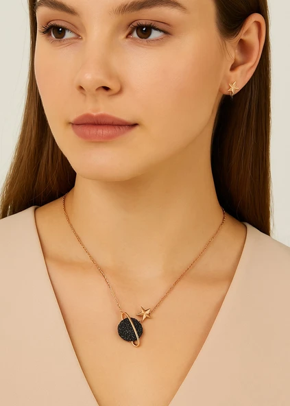 Rose Renk Gezegen Kolye Siyah Taşlı Gümüş Kadın Kolye - Resim 2