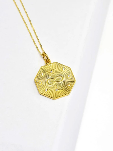 925 Ayar Yıldız Sonsuzluk Ay Desenli Madalyon Kadın Kolye - Resim 3