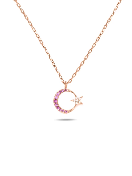 925 Ayar Gümüş Zirkon Taşlı Ay Yıldız Kadın Gümüş Kolye - Resim 2