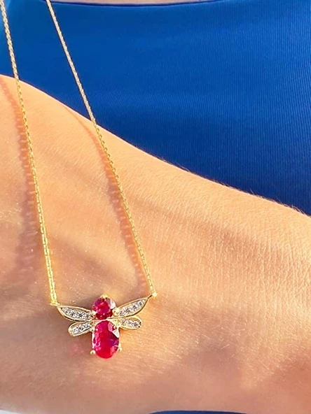925 Ayar Zarif Ruby Kanatlı Arı Gümüş Kolye - Resim 3