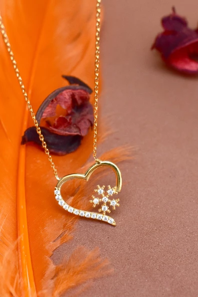 Zirkon Taşlı Kar Tanesi Kalpli Gümüş Kolye Altın Kaplama - Resim 3