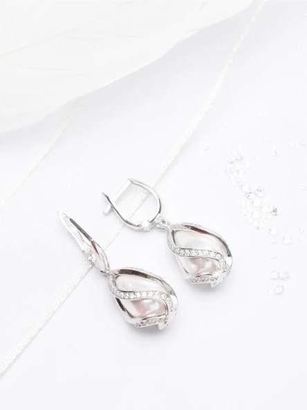 925 Ayar Gümüş Doğal Hakiki İnci Kadın Küpe - Resim 3