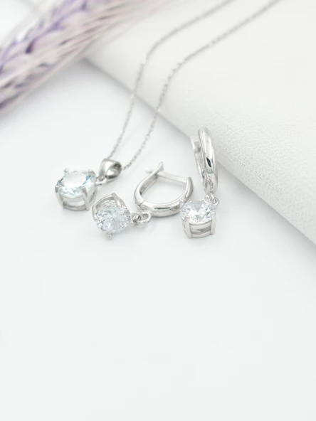 Minimal Grace Zirkon Taşlı Kadın Gümüş Kolye Küpe Set - 3