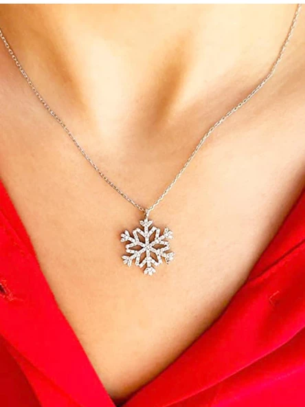 925 Ayar Gümüş Büyük Boy Kar Tanesi Taşlı Gümüş Kadın Kolye - Resim 3