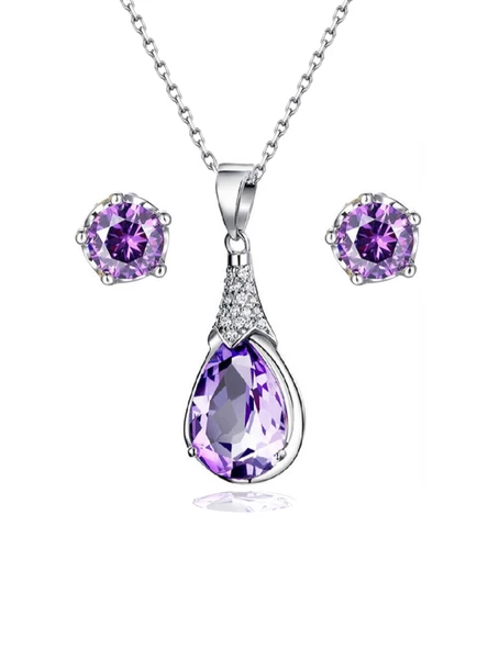 Gümüş Su Damlası Ametist Taşı Kadın Kolye Küpe Seti Gümüş Set ürün görseli