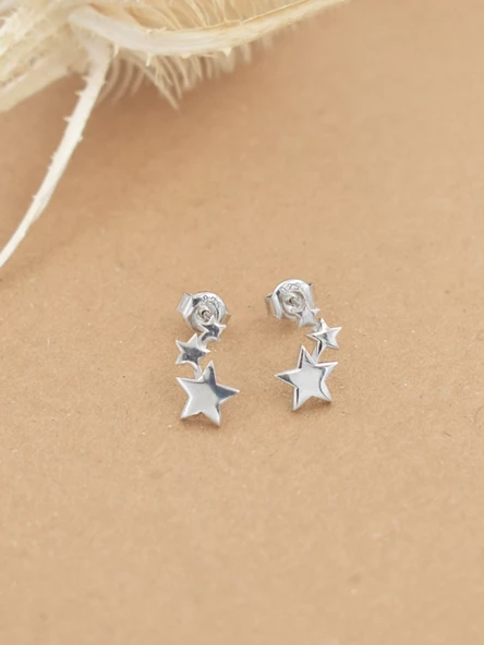 Gümüş Minimal Sıralı Yıldızlar Kadın Küpe - Resim 3