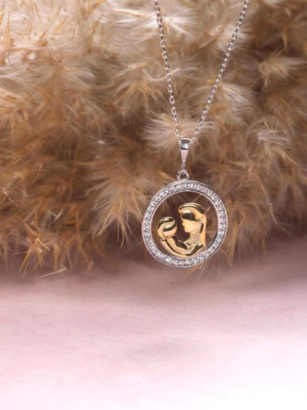 Gümüş Zirkon Taşlı Anne Bebek Gümüş Kolye Anneler günü - 3
