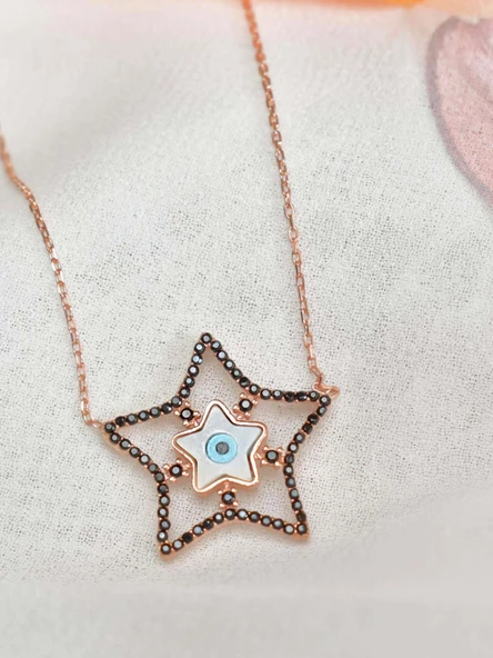 Gözlü Sedef Taşlı Yıldız Kadın Gümüş Kolye - Resim 3