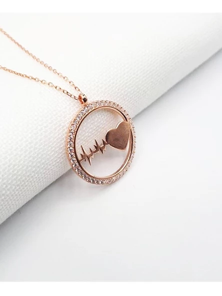 Gümüş Rose Renk Halka Kalp Ritmi Gümüş Kadın Kolye - Resim 2