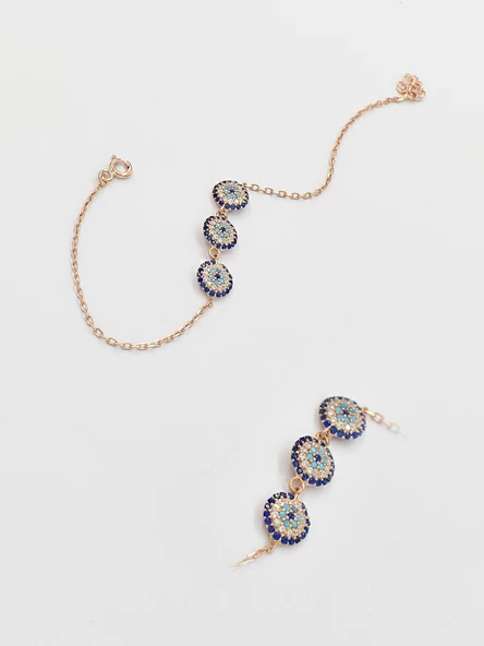 Üç Nazar Gözlü Rose Kadın Gümüş Bileklik - Resim 2