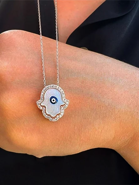 Gözlü Sedef Taşlı Fatma Ana Eli Kadın Gümüş Kolye - Resim 2