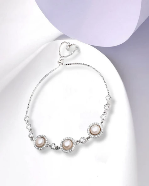 925 Ayar Gümüş Special Luxury Pearl Kadın Asansör Kilitli Bileklik - 2