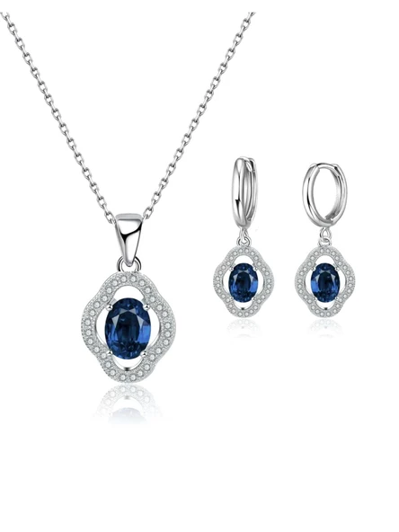 Gümüş Safir Taşlı Kadın Kolye Küpe Seti Gümüş Kolye Set