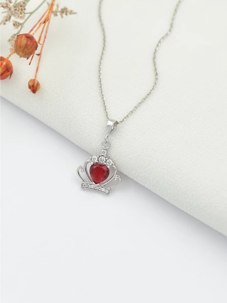 Kırmızı Taşlı Gümüş Kraliçe Tacı Kadın Kolye - Resim 2