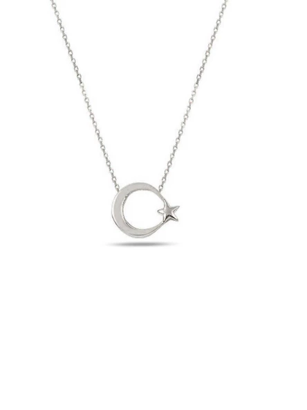 925 Ayar Gümüş Ay Yıldız Kolye Kadın Gümüş Kolye Sade Sevenlere ürün görseli