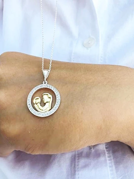 Gümüş Zirkon Taşlı Anne Bebek Gümüş Kolye Anneler günü - 4