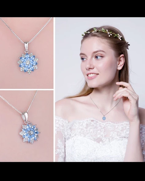 Aquamarin Taşlı Pırlanta Model Lotus Çiçeği Kadın Gümüş Kolye - 3