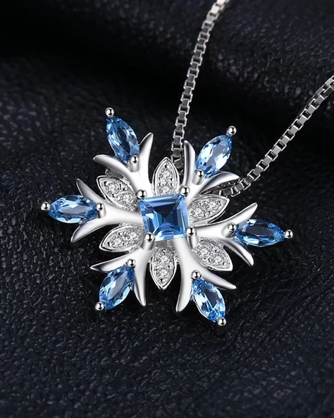 Aquamarin Taşlı Özel Tasarım Kar Tanesi Kadın Gümüş Kolye - 4