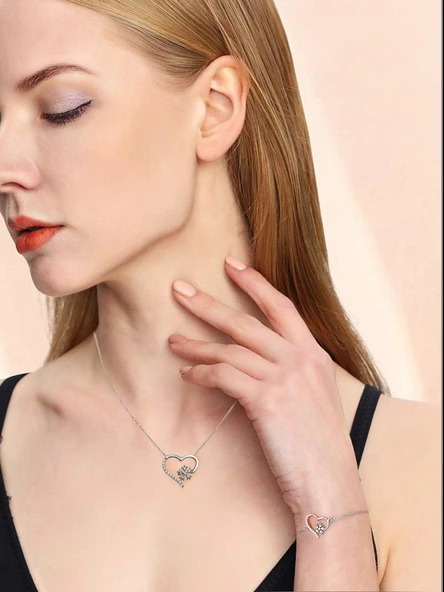 925 Ayar Gümüş Zirkon Taşlı Kar Tanesi Kalpli Kadın Kolye Bileklik Seti - Resim 2