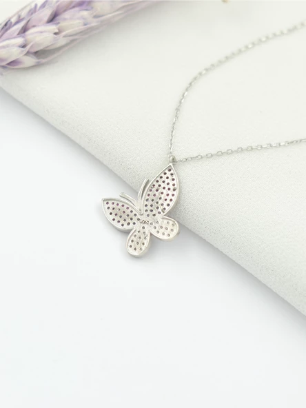 Mavi Geçişli Taşlı Kadın Kelebek Gümüş Kolye - Resim 3