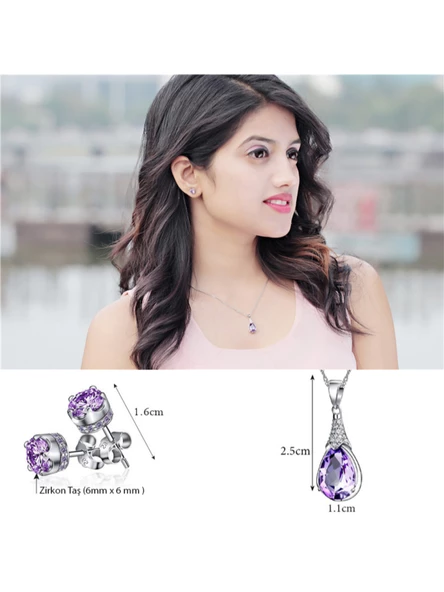 Gümüş Su Damlası Ametist Taşı Kadın Kolye Küpe Seti Gümüş Set - Resim 4