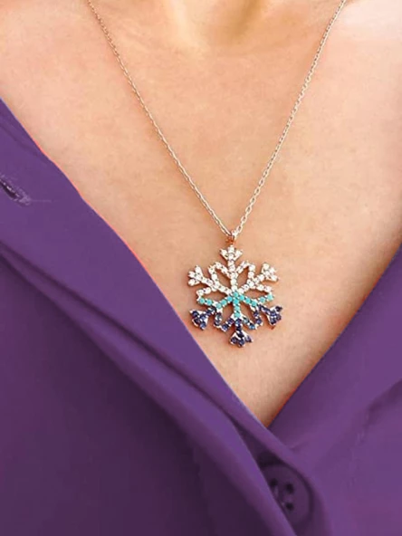Kar Tanesi Mavi Geçişli Rose Renk Kadın Gümüş Kolye - Resim 2