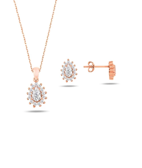 Rose Gold Zirkon Taşlı Kadın Kolye Küpe Seti