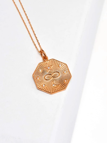 925 Ayar Yıldız Sonsuzluk Ay Desenli Madalyon Kadın Kolye Rose - Resim 3