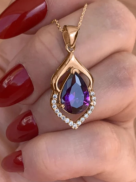 Rose Gold Ametist Taşlı Su Damlası Kadın Gümüş Kolye - Resim 2