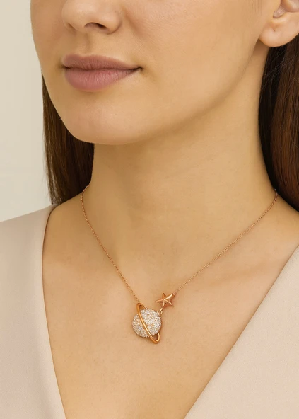 Rose Renk Gezegen Kolye Beyaz Taşlı Gümüş Kadın Kolye - Resim 2