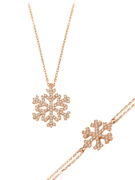 925 Ayar Gümüş Kar Tanesi Rose Gold Kadın Kolye Bileklik Set