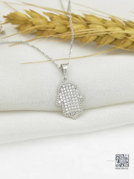 Timeless Series Zirkon Taşlı Gümüş Koruyucu El Kolyesi - Resim 2