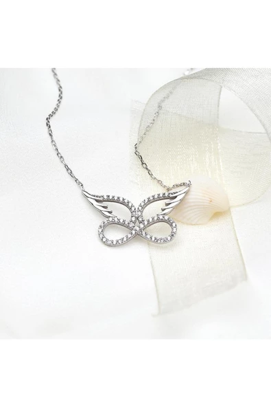 Gümüş Melek Kanatlı Sonsuzluk Kadın Kolye - Resim 3