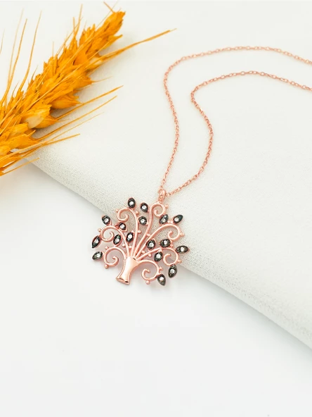 Rose Renk Siyah Gözlü Hayat Ağacı Kadın Gümüş Kolye - Resim 2