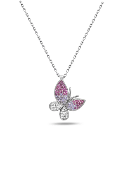 Gümüş Nano Renkli Taşlı Kelebek Figürlü Kadın Gümüş Kolye ürün görseli