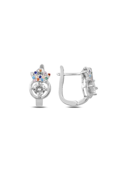 925 Ayar Gümüş Renkli Taşlı Tektaş Kraliçe Tacı J Çocuk Küpe ürün görseli