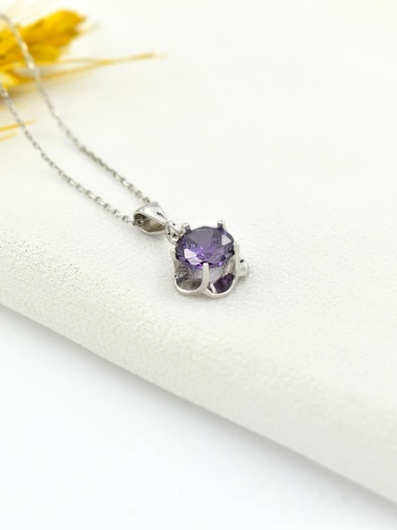 Gümüş Çiçek Ametist Taşlı Figürlü Kadın Kolye - Resim 3