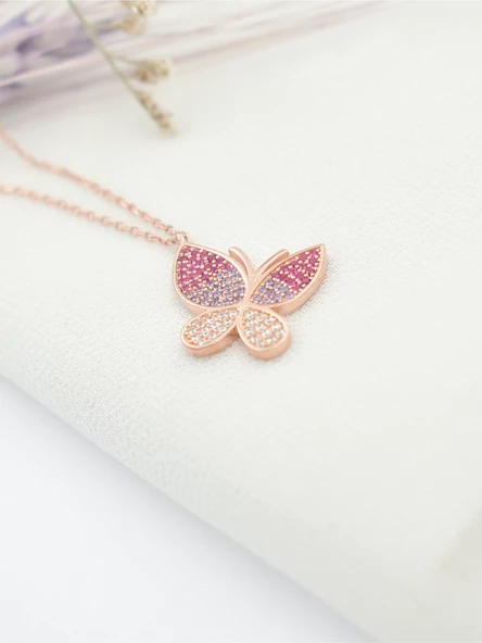 Gümüş Rose Renk Nano Taşlı Kadın Kelebek Gümüş Kolye - Resim 3