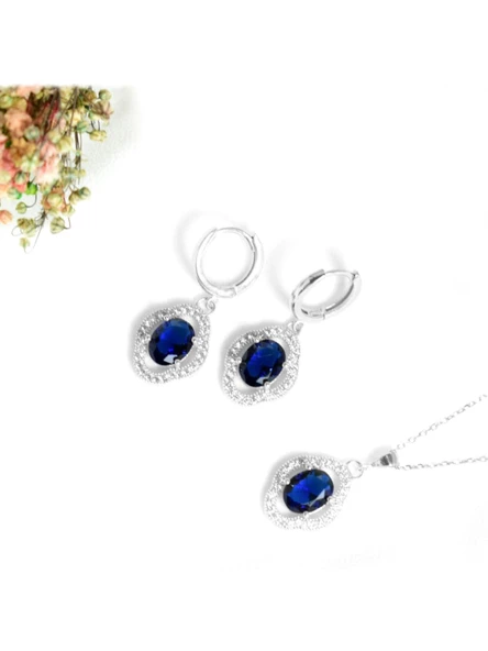 Gümüş Safir Taşlı Kadın Kolye Küpe Seti Gümüş Kolye Set - 3