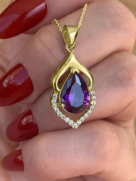 Gümüş Ametist Taşlı Su Damlası Altın Kaplama Kolye - Resim 2