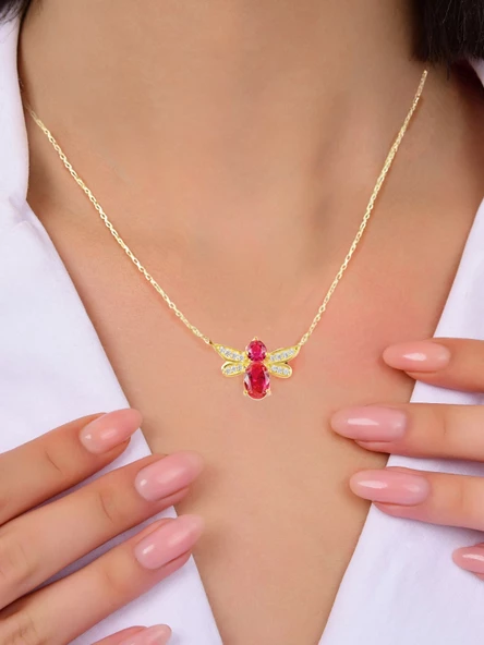 925 Ayar Zarif Ruby Kanatlı Arı Gümüş Kolye - Resim 2