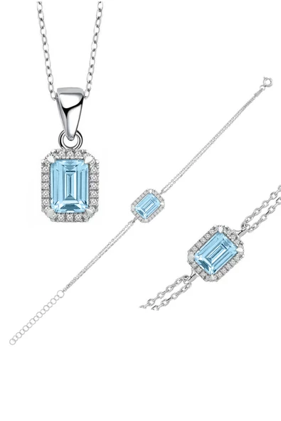 925 Ayar Gümüş Aquamarin Taşlı Baget Kadın Kolye Bileklik Set ürün görseli