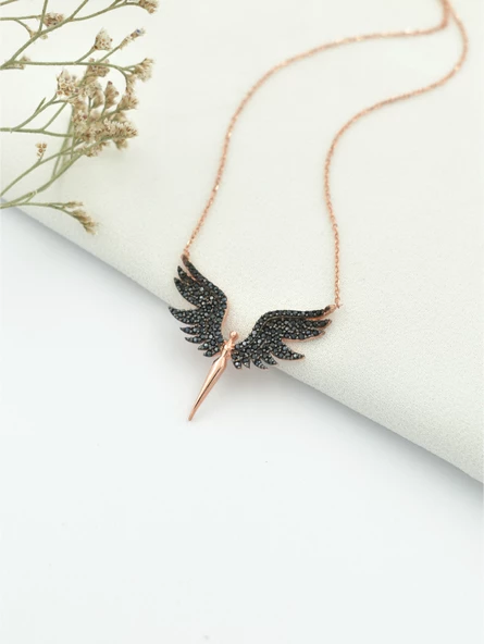 925 Ayar Gümüş Melek Siyah Zirkon Taşlı Kadın Kolye - Resim 2