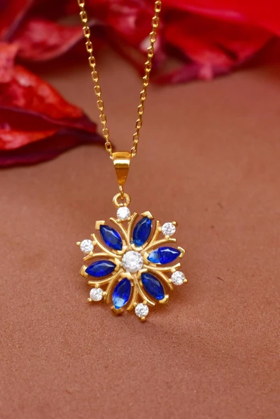 Pırlanta Model Kar Tanesi Safir Taşlı Gümüş Kolye Altın Kaplama - Resim 2