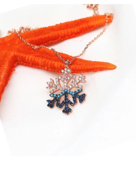 Kar Tanesi Mavi Geçişli Rose Renk Kadın Gümüş Kolye - Resim 3