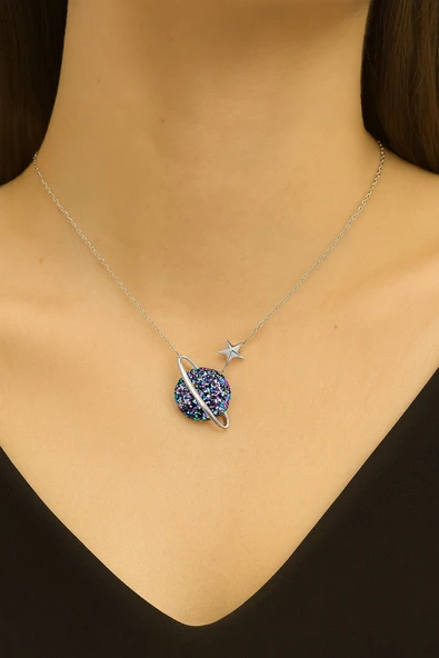 Gezegen Kolye Mix Taşlı Gümüş Kadın Kolye - Resim 2