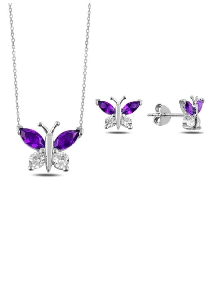 Ametist Zirkon Taşlı Kelebek Kadın Gümüş Kolye Küpe Seti
