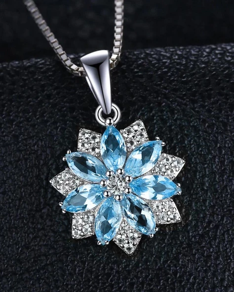 Aquamarin Taşlı Pırlanta Model Lotus Çiçeği Kadın Gümüş Kolye - 2