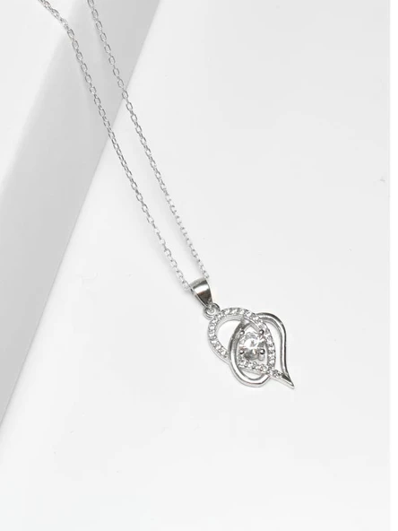 Gümüş Zirkon Taşlı Çift Kalp Kadın Gümüş Kolye - Resim 2