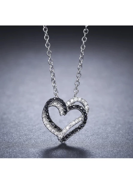 Kalbimde Çift Kalp Siyah Beyaz Taşlı Kadın Gümüş Kolye - Resim 3